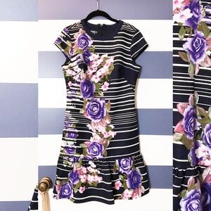 CUTE Black and White Striped Floral Drop Waist Dress with Ruffle MUSE Women's M